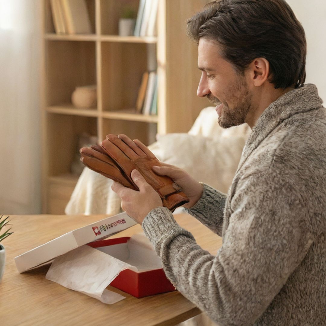 a man holding his gift from Alpine Swiss