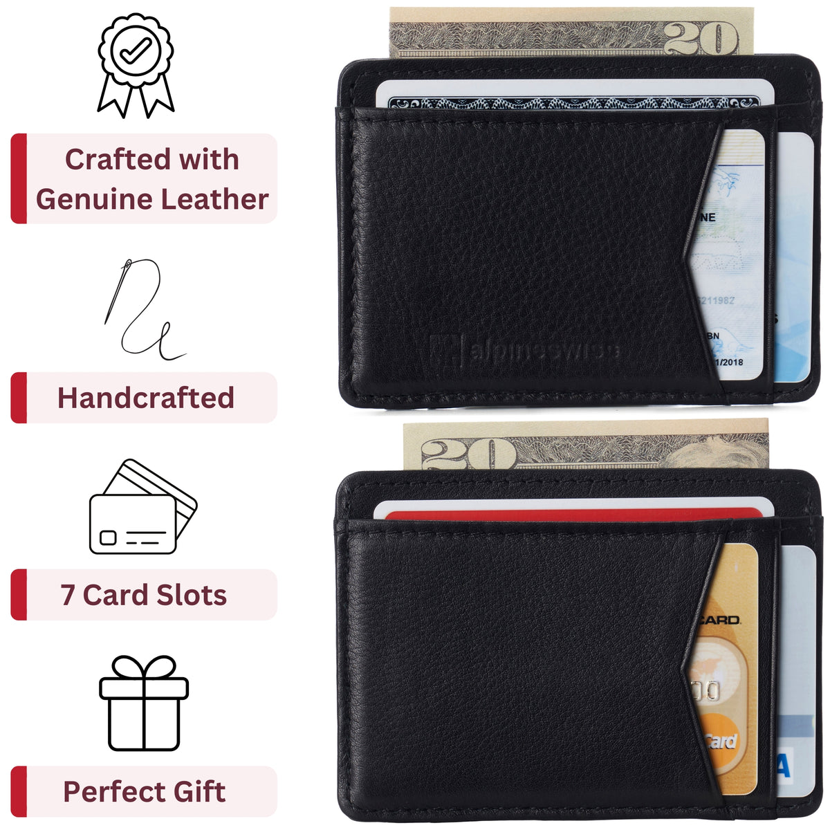 Alpine Swiss Men RFID Safe Minimalist Front Pocket Wallet Leather Thin Card Case – Black