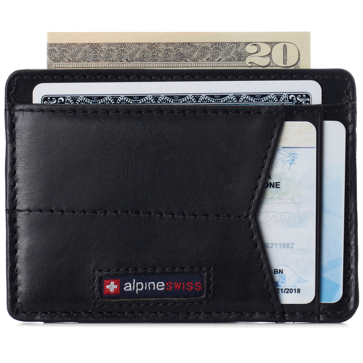 Alpine Swiss Men RFID Safe Minimalist Front Pocket Wallet Leather Thin Card Case – Glossy Nappa Black