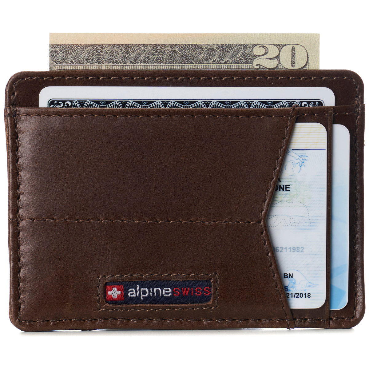Alpine Swiss Men RFID Safe Minimalist Front Pocket Wallet Leather Thin Card Case – Glossy Nappa Brown