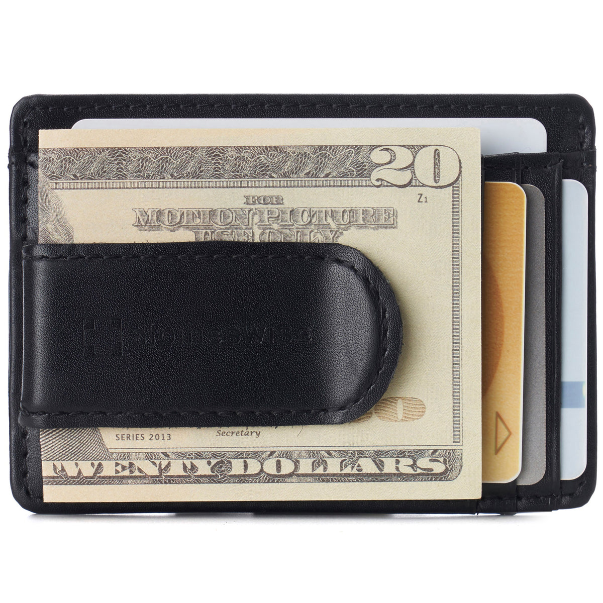 Alpine Swiss Mens RFID Money Clip Leather Minimalist Wallet Card Case ID Window – Smooth Finish Black