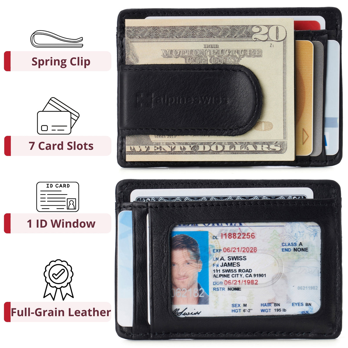 Alpine Swiss RFID Dermot Money Clip Front Pocket Wallet - Black