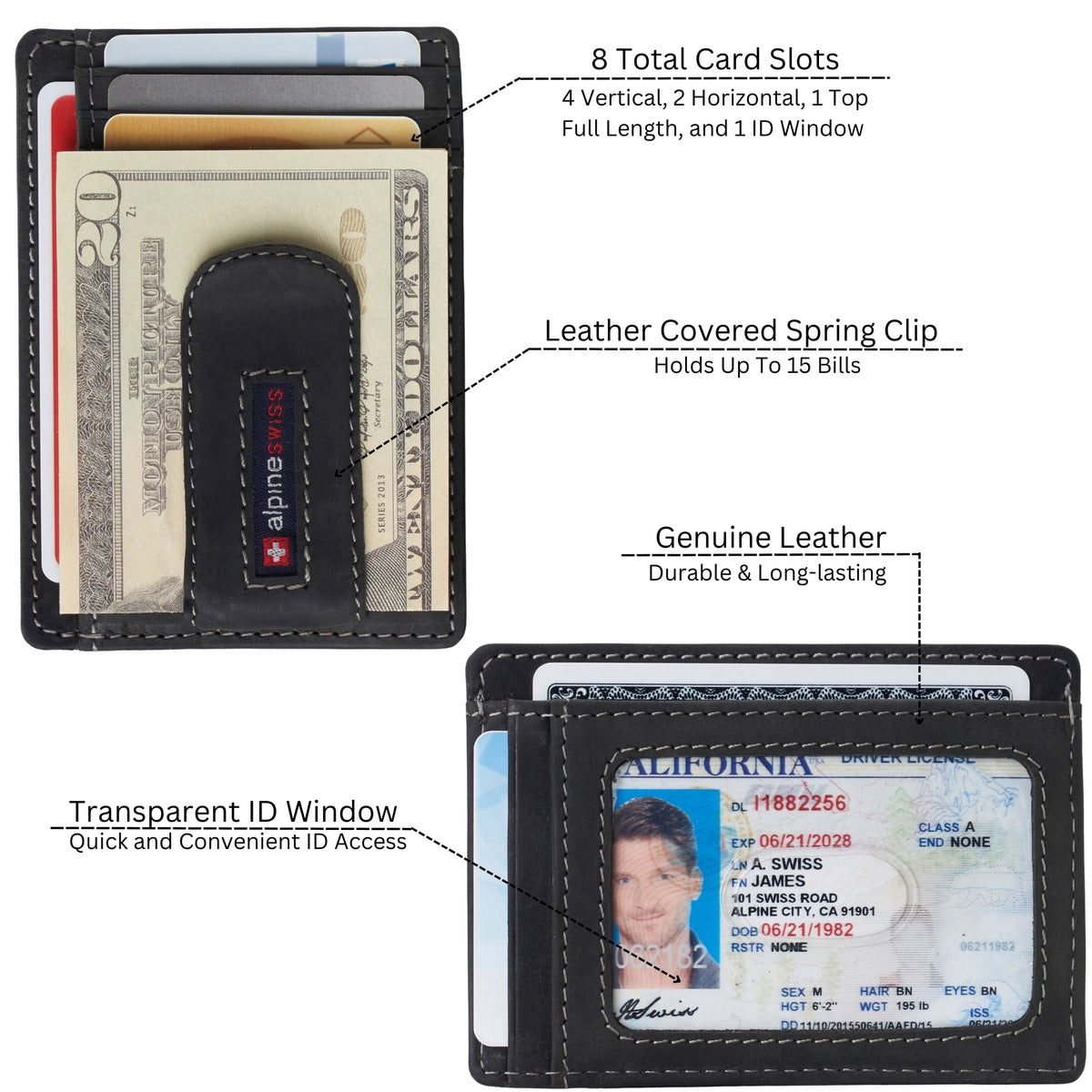 Alpine Swiss Mens RFID Money Clip Leather Minimalist Wallet Card Case ID Window – Nubuck Black
