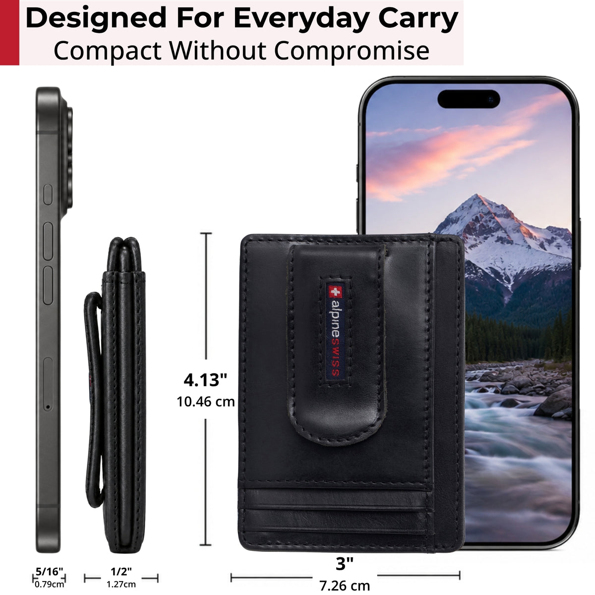 Alpine Swiss RFID Dermot Money Clip Front Pocket Wallet - Glossy Nappa Black