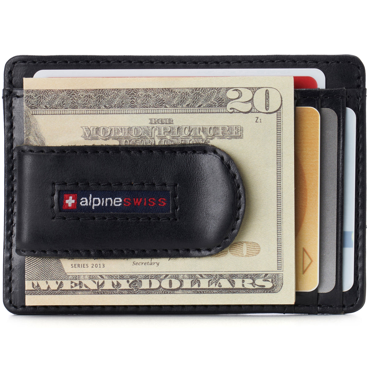 Alpine Swiss Mens RFID Money Clip Leather Minimalist Wallet Card Case ID Window – Glossy Nappa Black