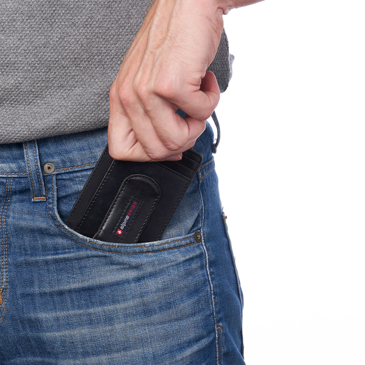 Alpine Swiss Mens RFID Money Clip Leather Minimalist Wallet Card Case ID Window – Glossy Nappa Black