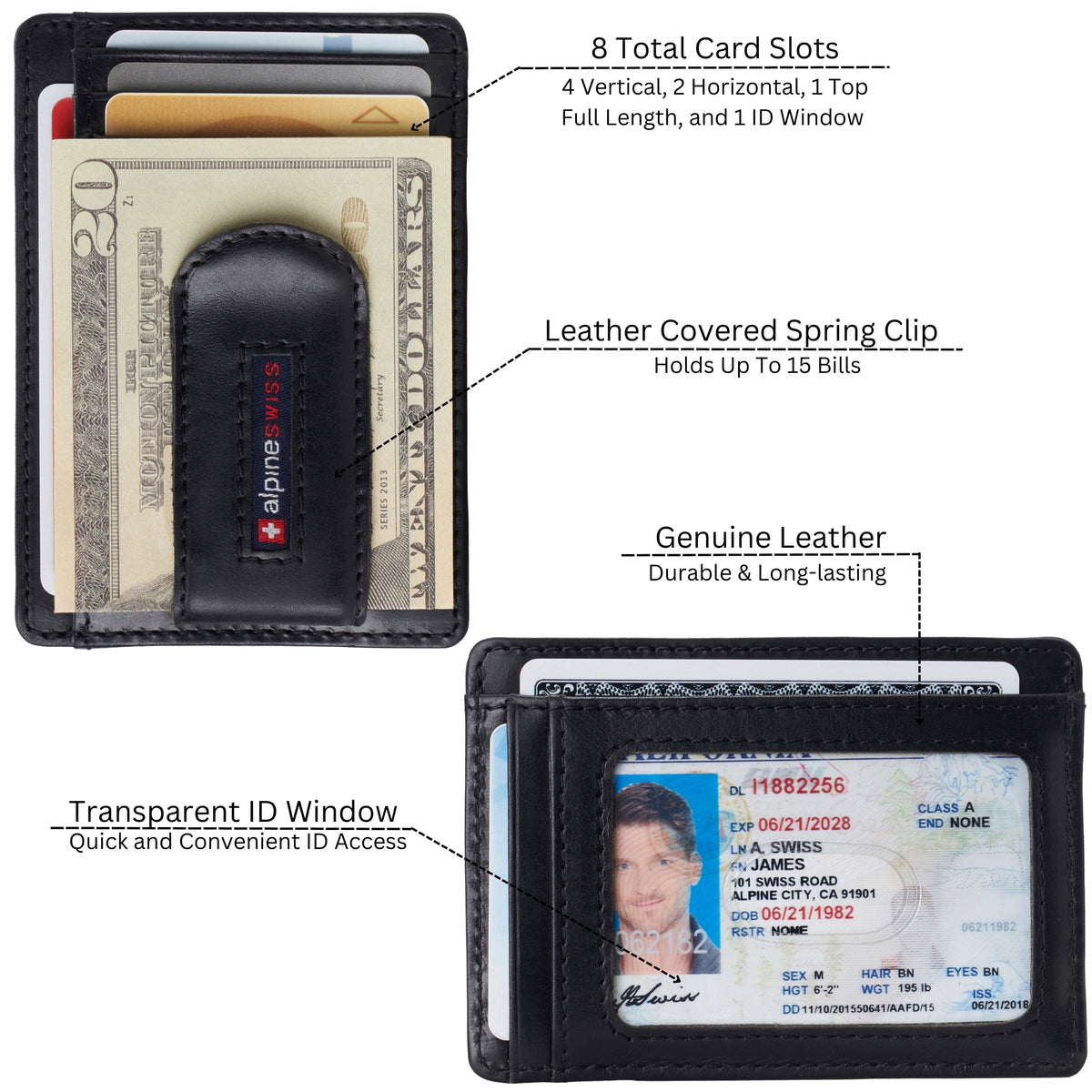 Alpine Swiss Mens RFID Money Clip Leather Minimalist Wallet Card Case ID Window – Glossy Nappa Black