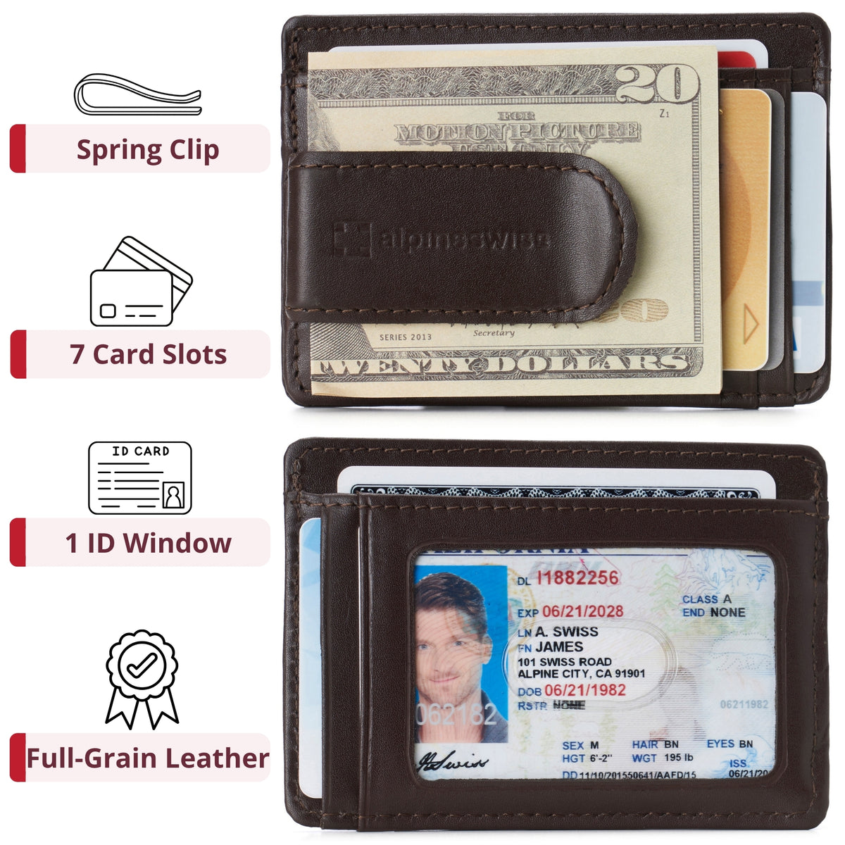 Alpine Swiss RFID Dermot Money Clip Front Pocket Wallet - Smooth Finish Brown