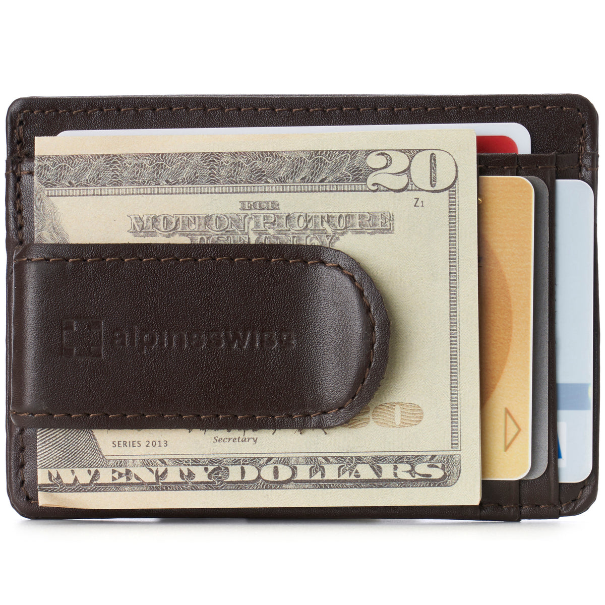 Alpine Swiss Mens RFID Money Clip Leather Minimalist Wallet Card Case ID Window – Smooth Finish Brown