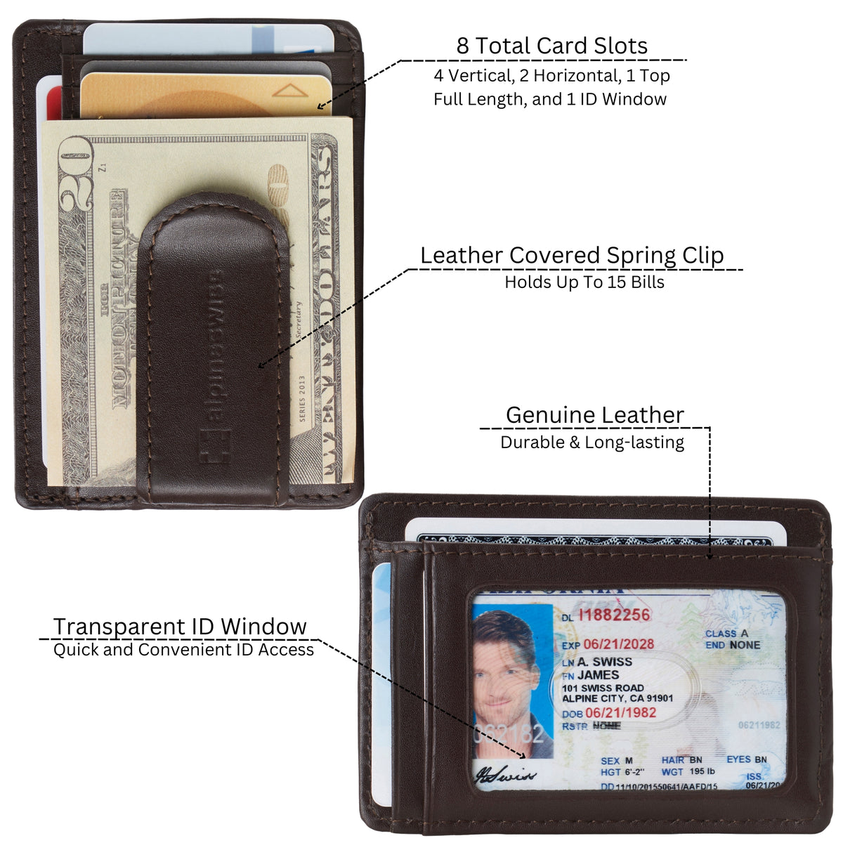 Alpine Swiss Mens RFID Money Clip Leather Minimalist Wallet Card Case ID Window – Smooth Finish Brown
