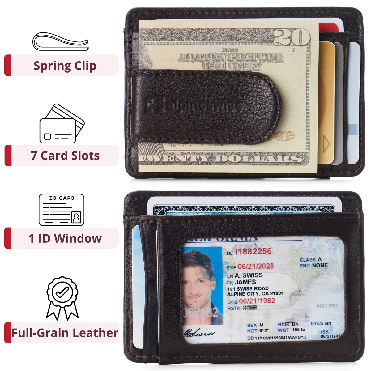Alpine Swiss RFID Dermot Money Clip Front Pocket Wallet - Brown