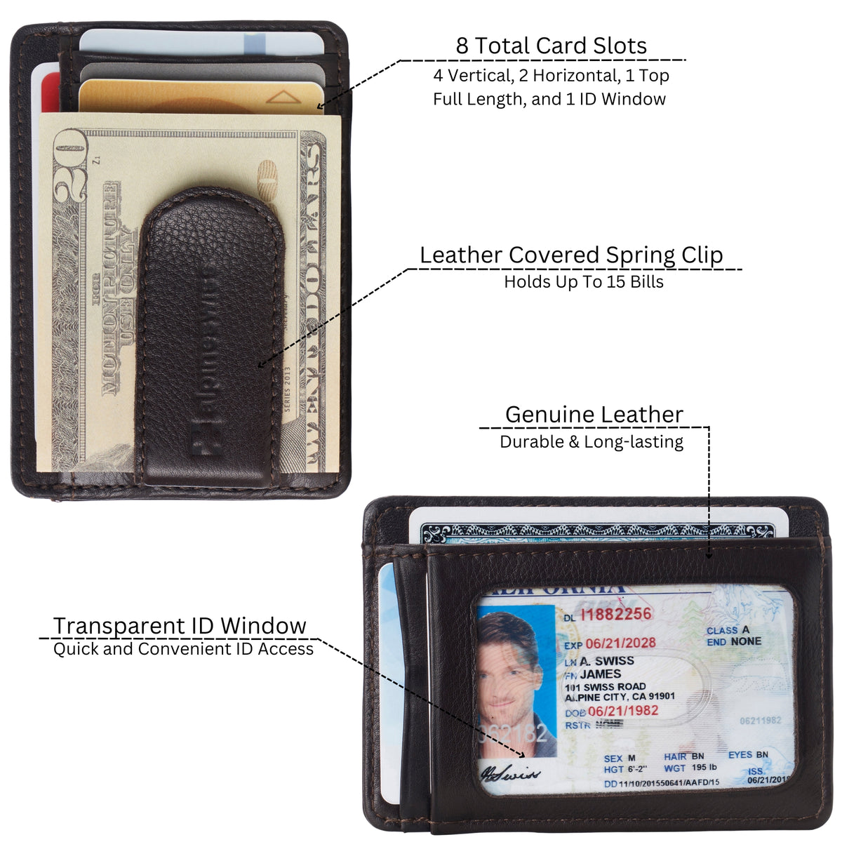 Alpine Swiss Mens RFID Money Clip Leather Minimalist Wallet Card Case ID Window – Brown