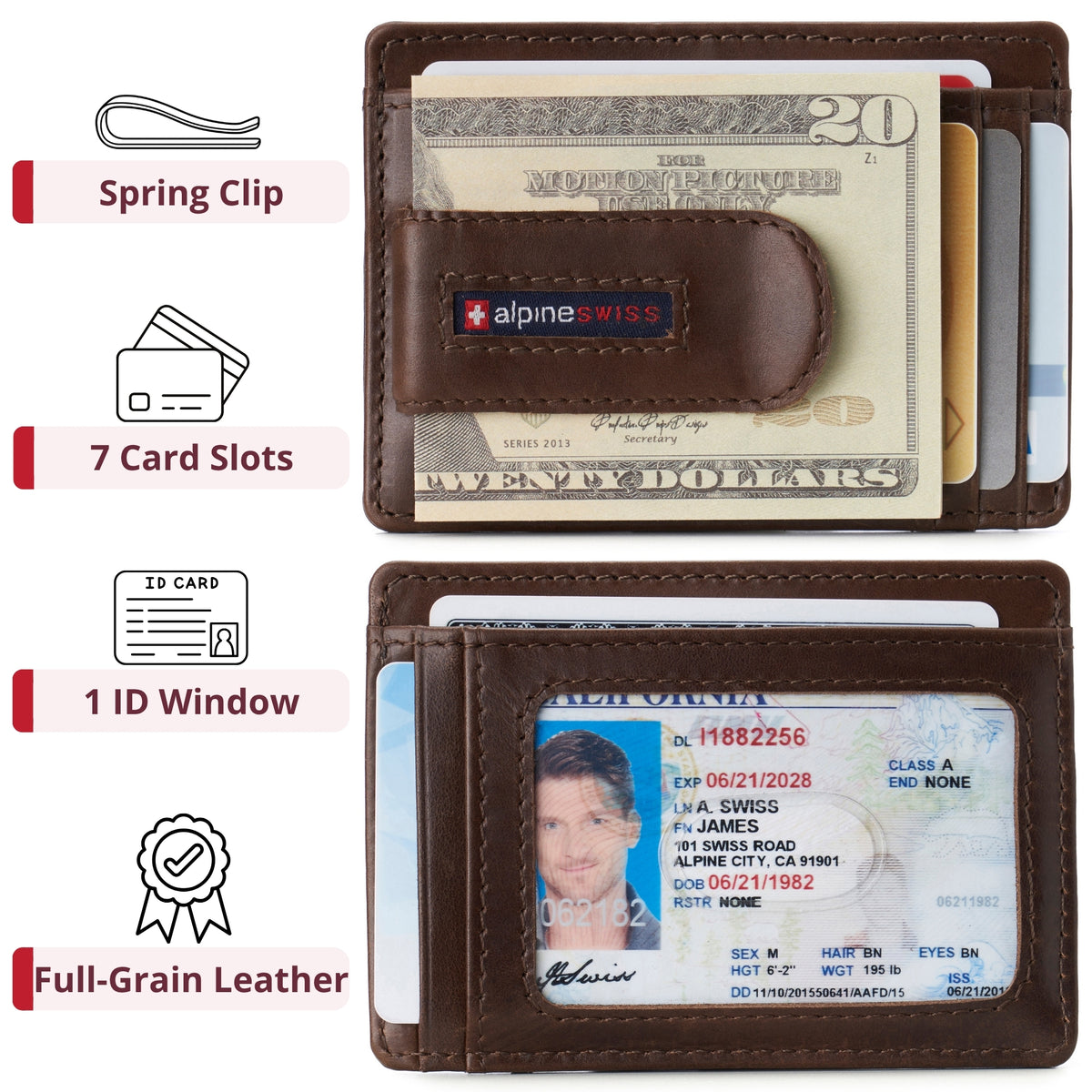 Alpine Swiss RFID Dermot Money Clip Front Pocket Wallet - Glossy Nappa Brown