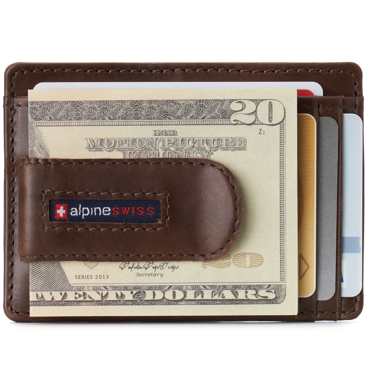 Alpine Swiss Mens RFID Money Clip Leather Minimalist Wallet Card Case ID Window – Glossy Nappa Brown