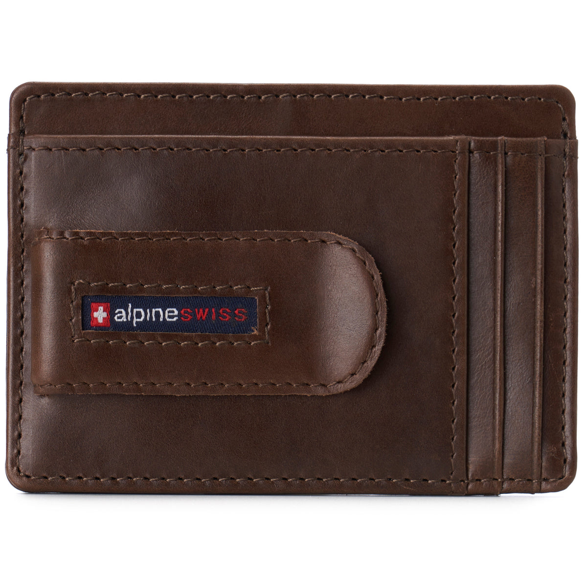Alpine Swiss Mens RFID Money Clip Leather Minimalist Wallet Card Case ID Window – Glossy Nappa Brown