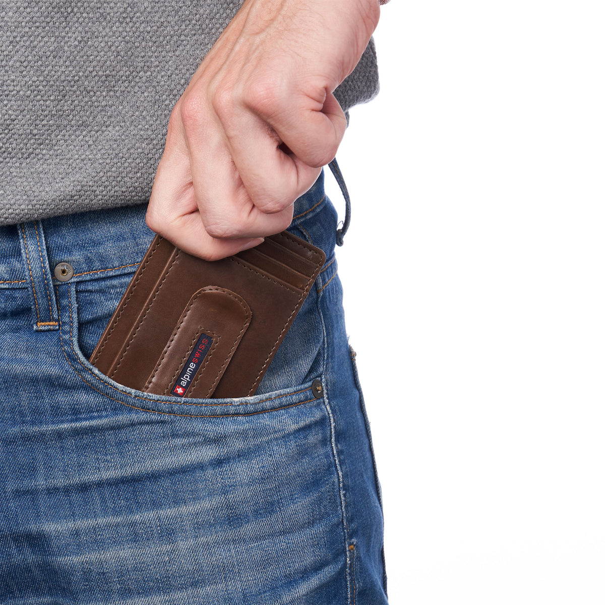Alpine Swiss Mens RFID Money Clip Leather Minimalist Wallet Card Case ID Window – Glossy Nappa Brown