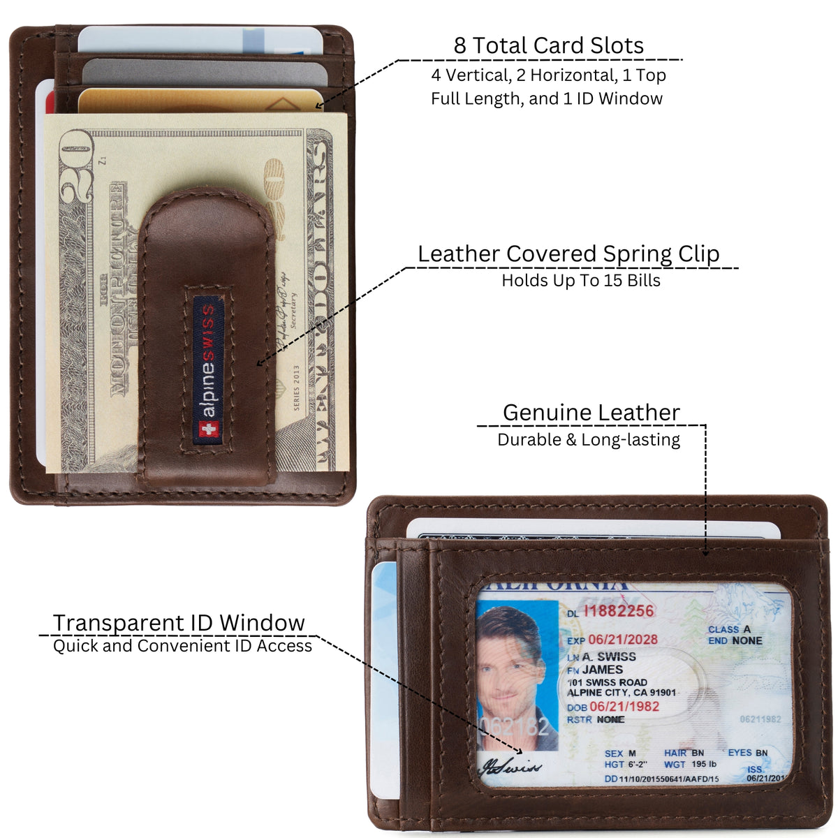 Alpine Swiss Mens RFID Money Clip Leather Minimalist Wallet Card Case ID Window – Glossy Nappa Brown