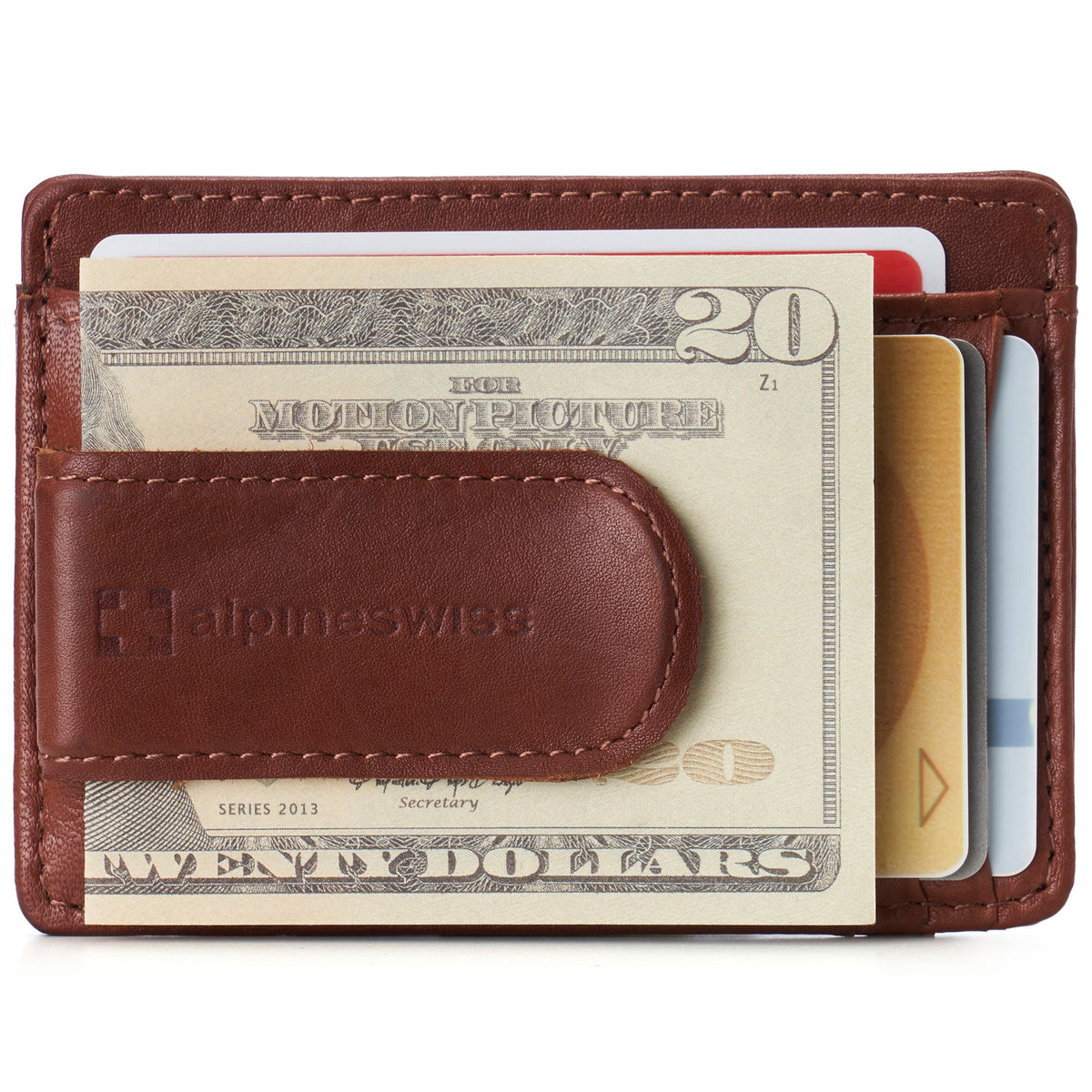 Alpine Swiss Mens RFID Money Clip Leather Minimalist Wallet Card Case ID Window – Tan