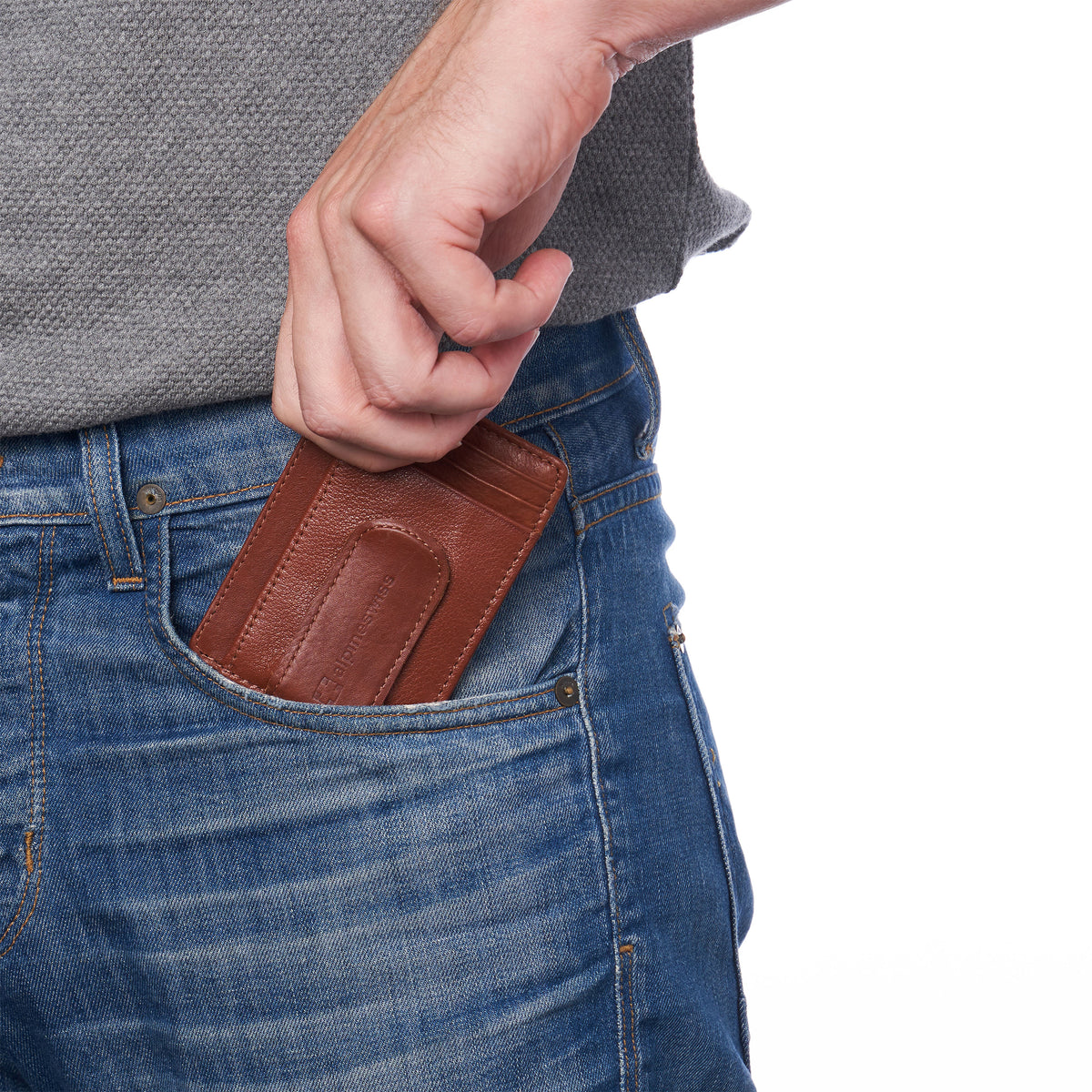 Alpine Swiss Mens RFID Money Clip Leather Minimalist Wallet Card Case ID Window – Tan