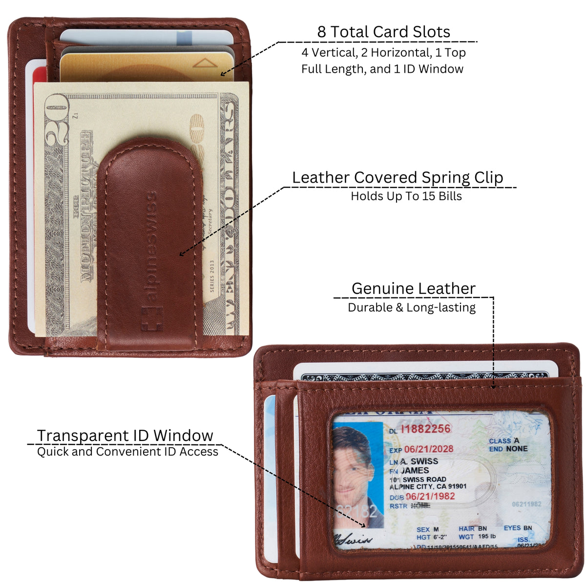 Alpine Swiss Mens RFID Money Clip Leather Minimalist Wallet Card Case ID Window – Tan