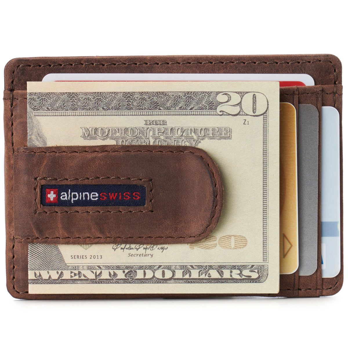 Alpine Swiss Mens RFID Money Clip Leather Minimalist Wallet Card Case ID Window – Nubuck Tan