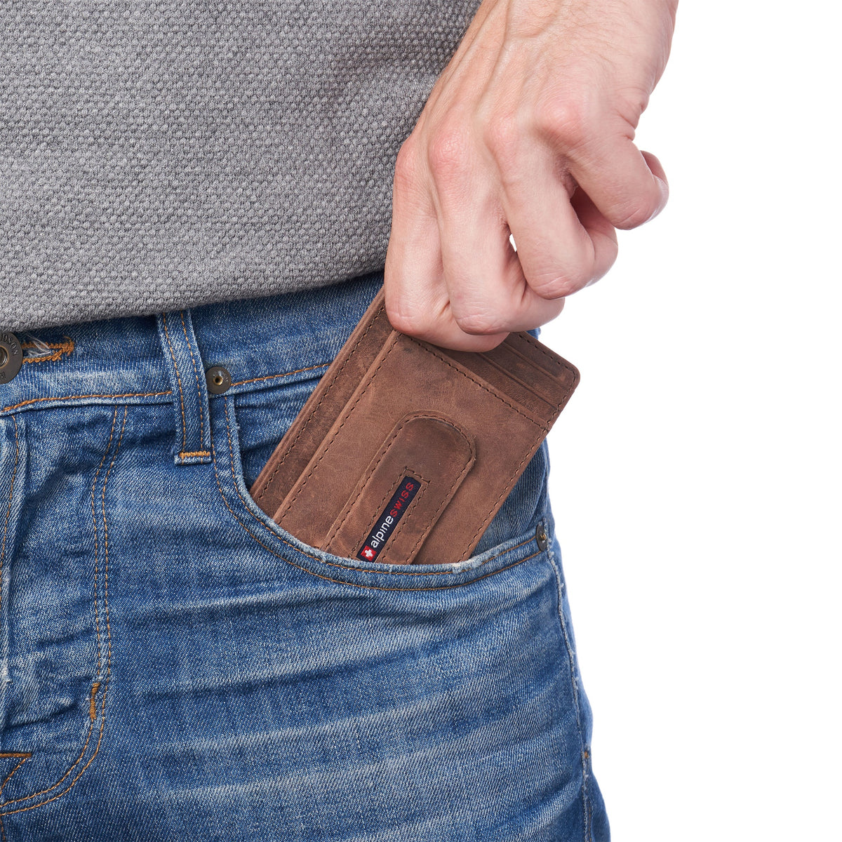 Alpine Swiss Mens RFID Money Clip Leather Minimalist Wallet Card Case ID Window – Nubuck Tan