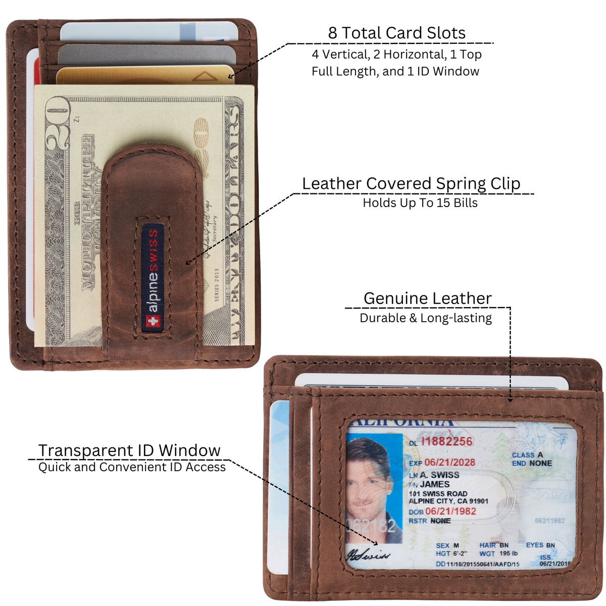 Alpine Swiss Mens RFID Money Clip Leather Minimalist Wallet Card Case ID Window – Nubuck Tan
