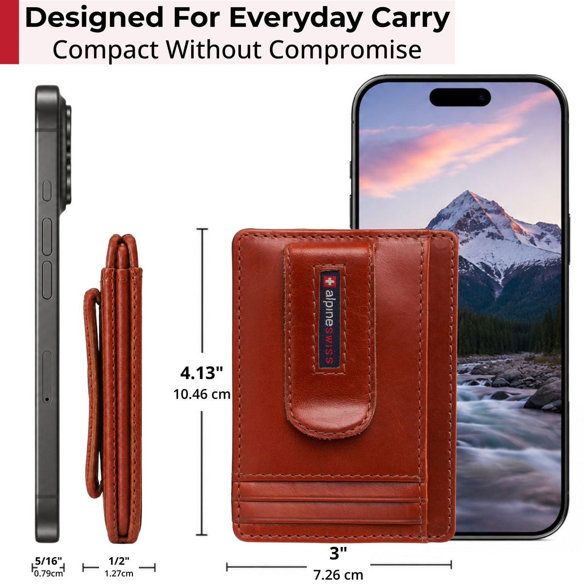 Alpine Swiss RFID Dermot Money Clip Front Pocket Wallet - Glossy Nappa Tan