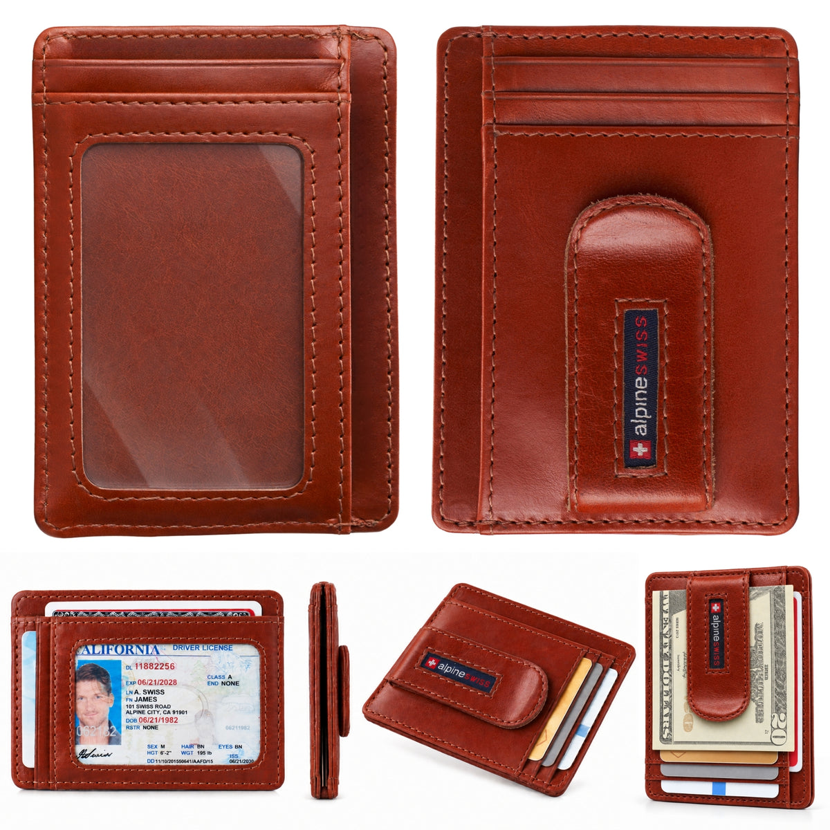 Alpine Swiss RFID Dermot Money Clip Front Pocket Wallet - Glossy Nappa Tan