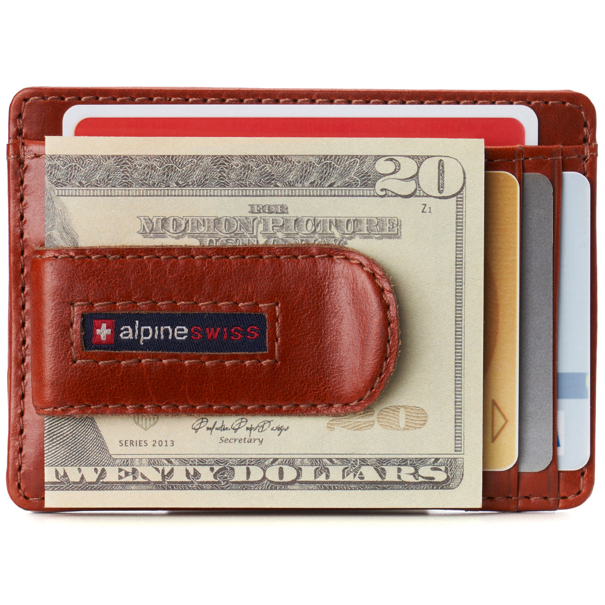 Alpine Swiss Mens RFID Money Clip Leather Minimalist Wallet Card Case ID Window – Glossy Nappa Tan