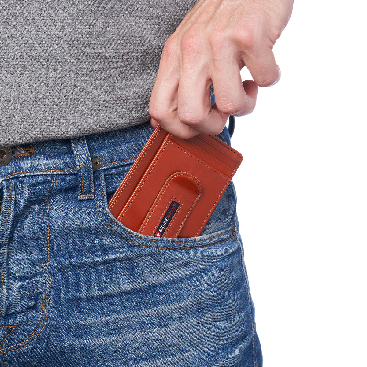 Alpine Swiss Mens RFID Money Clip Leather Minimalist Wallet Card Case ID Window – Glossy Nappa Tan