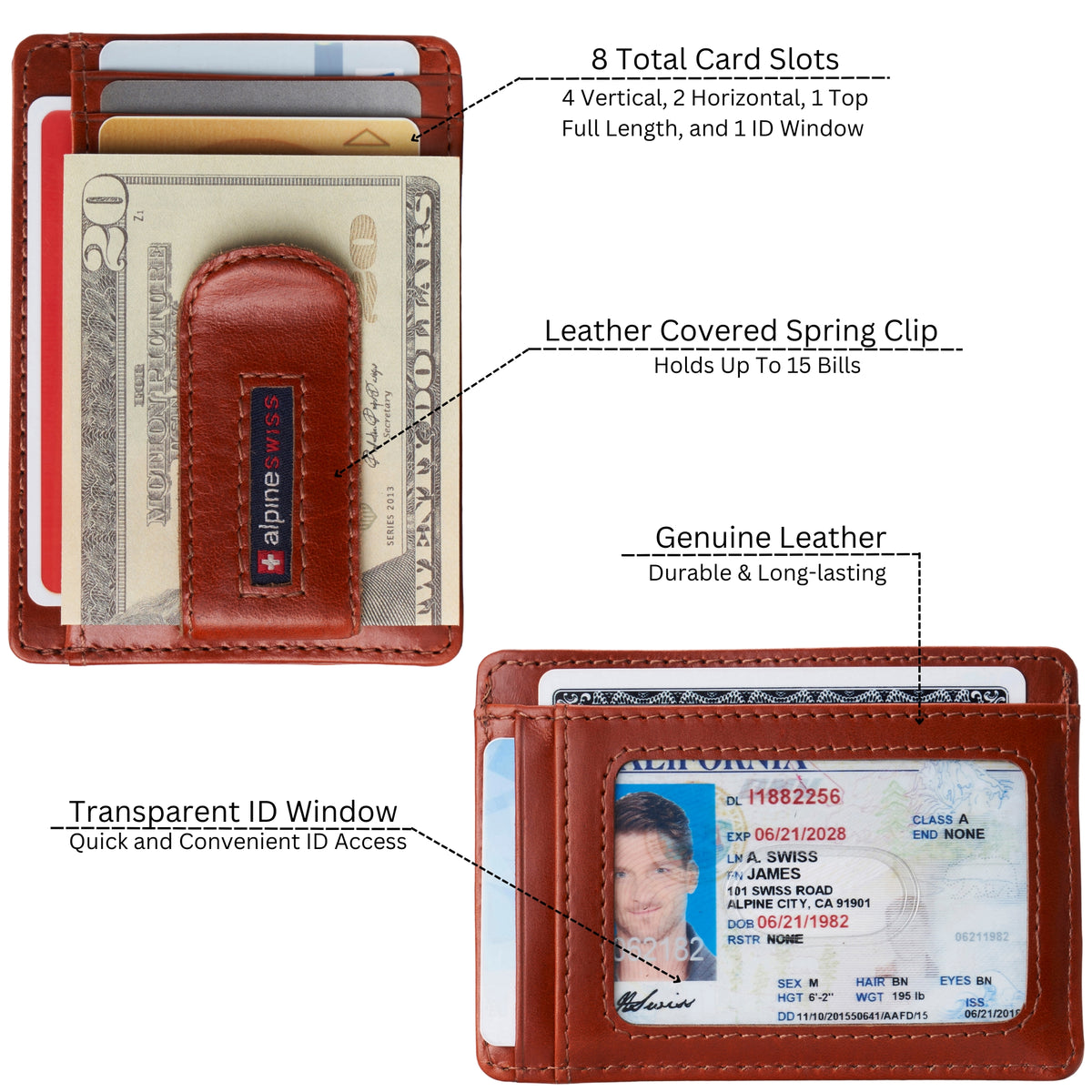 Alpine Swiss Mens RFID Money Clip Leather Minimalist Wallet Card Case ID Window – Glossy Nappa Tan