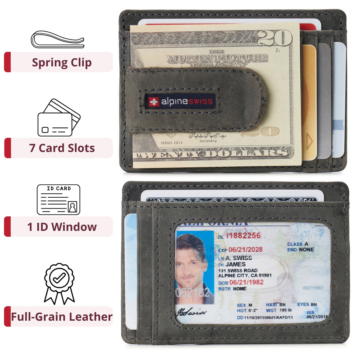 Alpine Swiss RFID Dermot Money Clip Front Pocket Wallet - Nubuck Gray