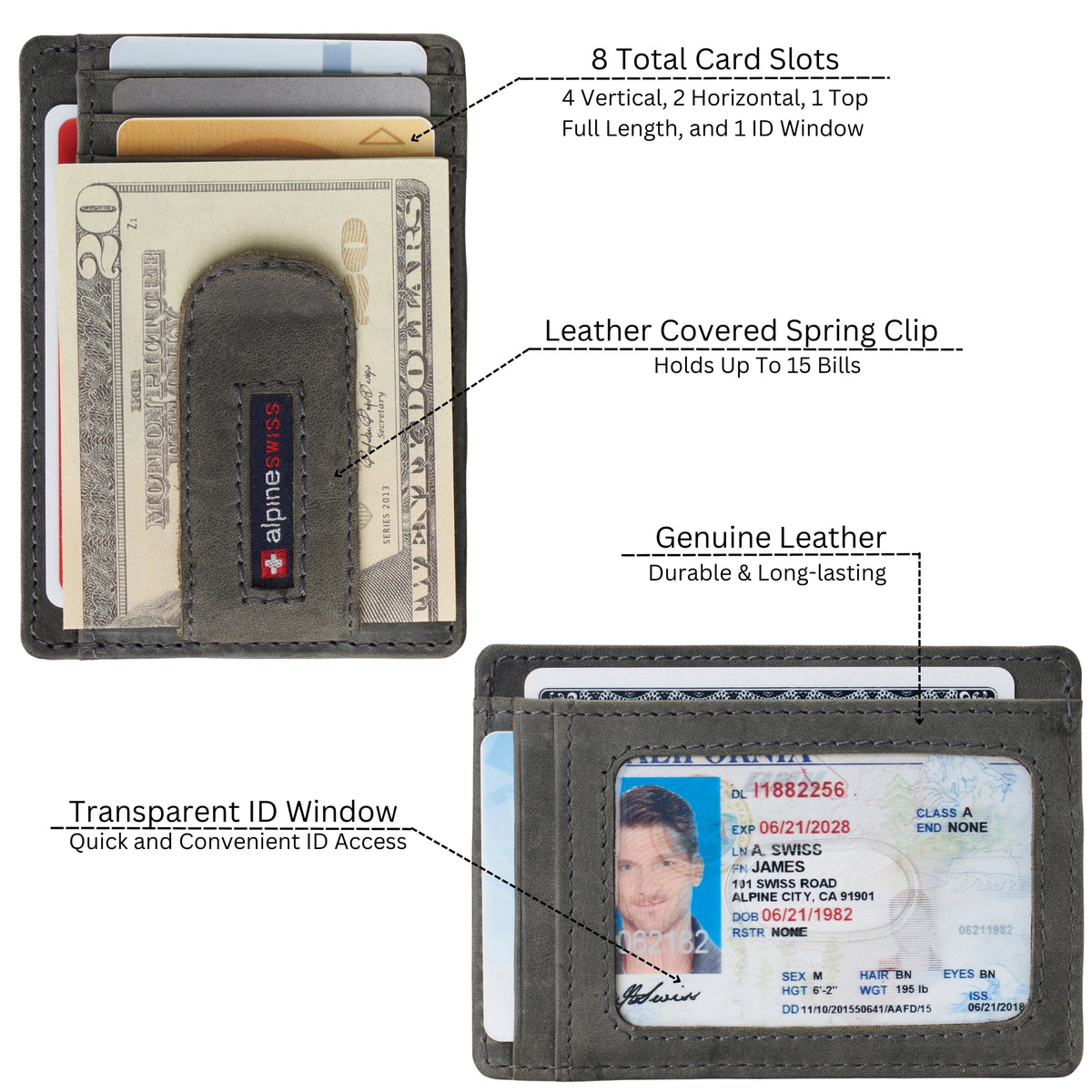 Alpine Swiss Mens RFID Money Clip Leather Minimalist Wallet Card Case ID Window – Nubuck Gray