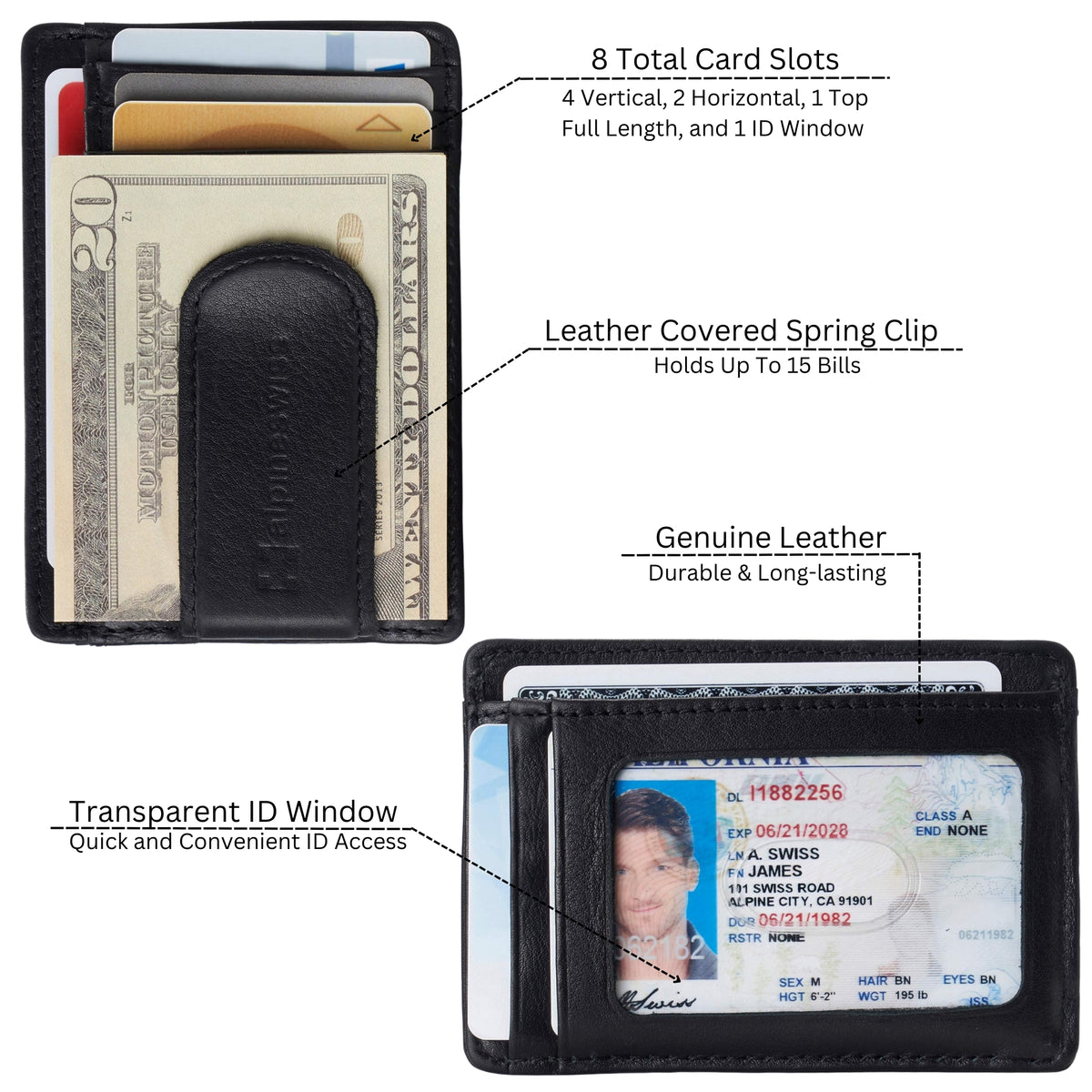 Alpine Swiss Mens RFID Money Clip Leather Minimalist Wallet Card Case ID Window – Black