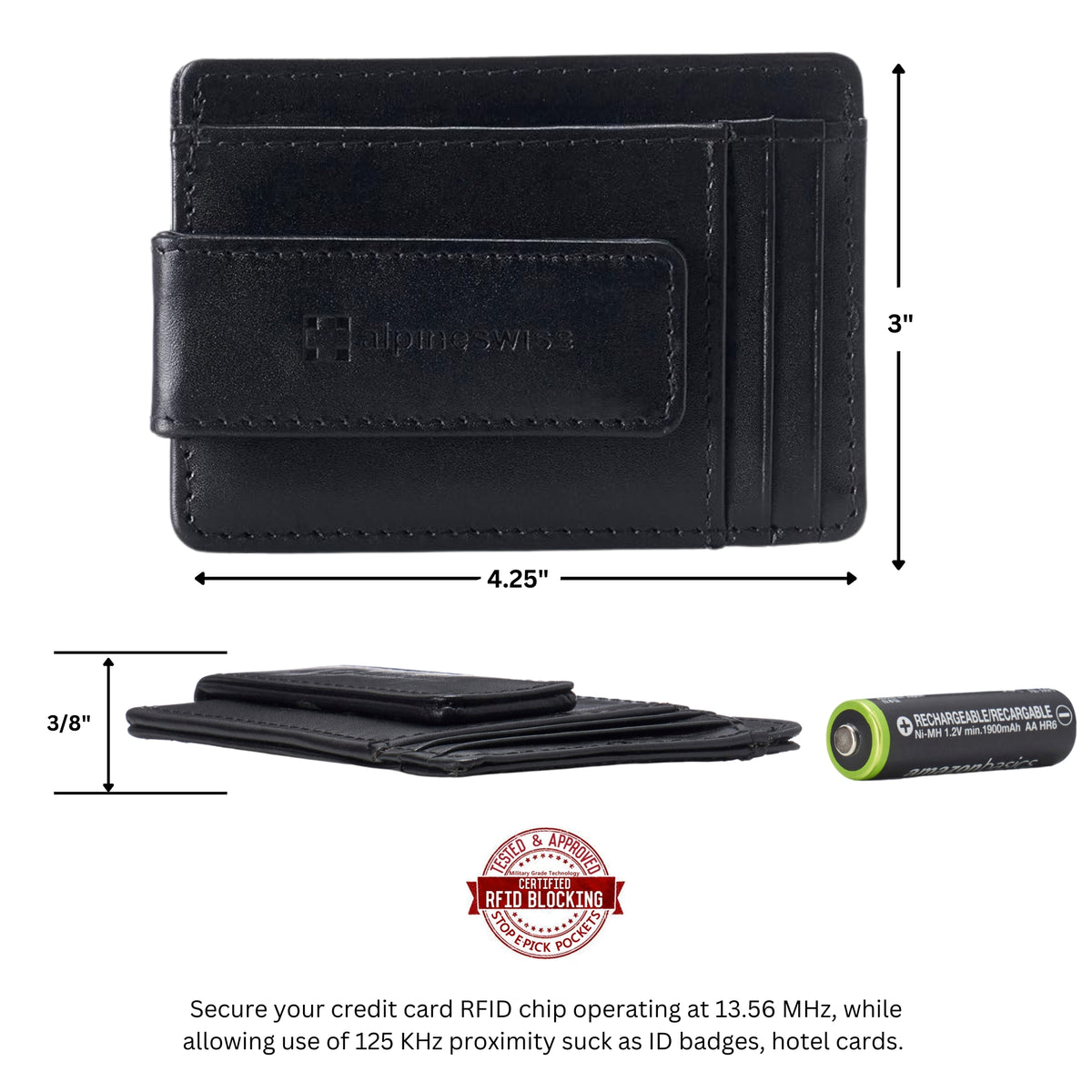 Alpine Swiss Mens RFID Safe Magnetic Money Clip Wallet Slim Front Pocket Wallet – Smooth Finish Black