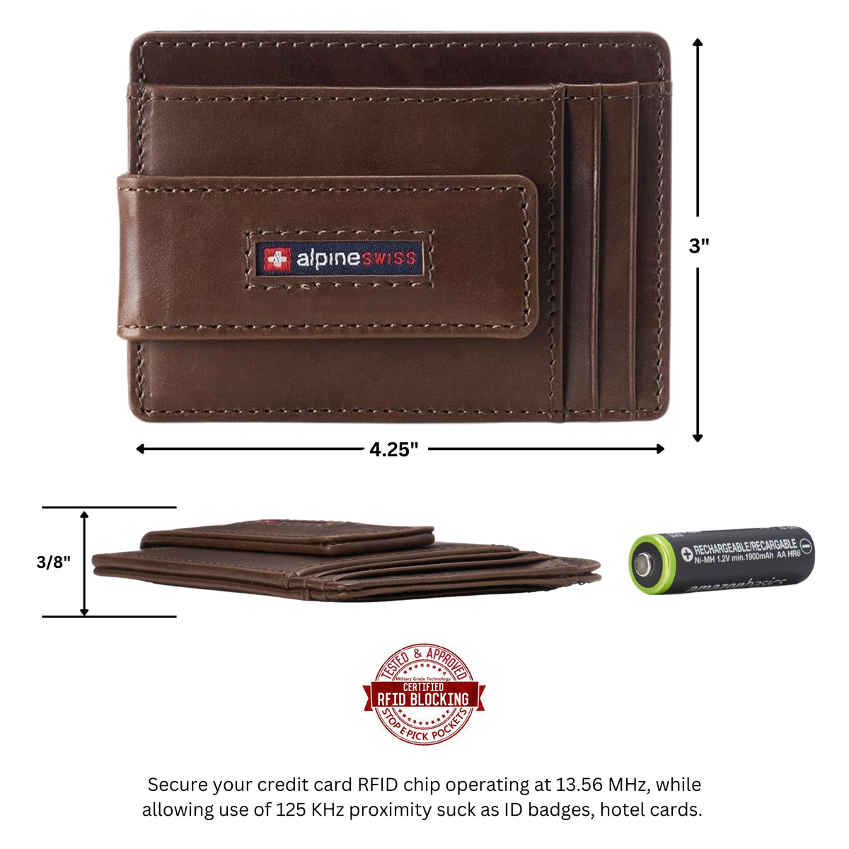 Alpine Swiss Mens RFID Safe Magnetic Money Clip Wallet Slim Front Pocket Wallet – Glossy Nappa Brown