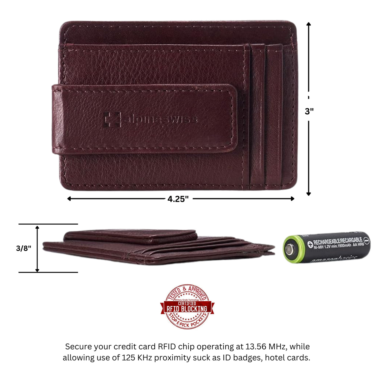 Alpine Swiss Mens RFID Safe Magnetic Money Clip Wallet Slim Front Pocket Wallet – Burgundy