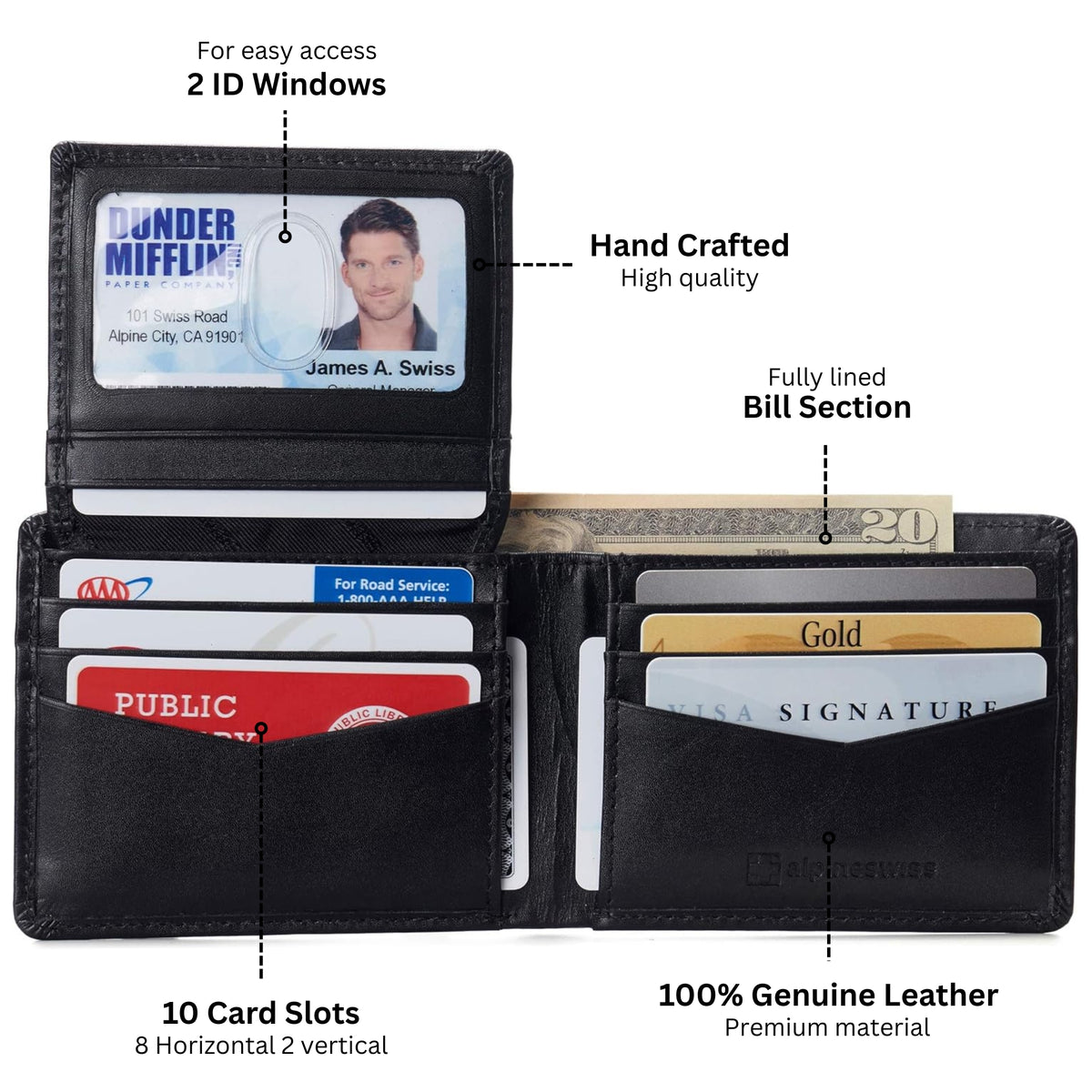 Alpine Swiss Connor Executive Bifold Wallet – Smooth Finish Black
