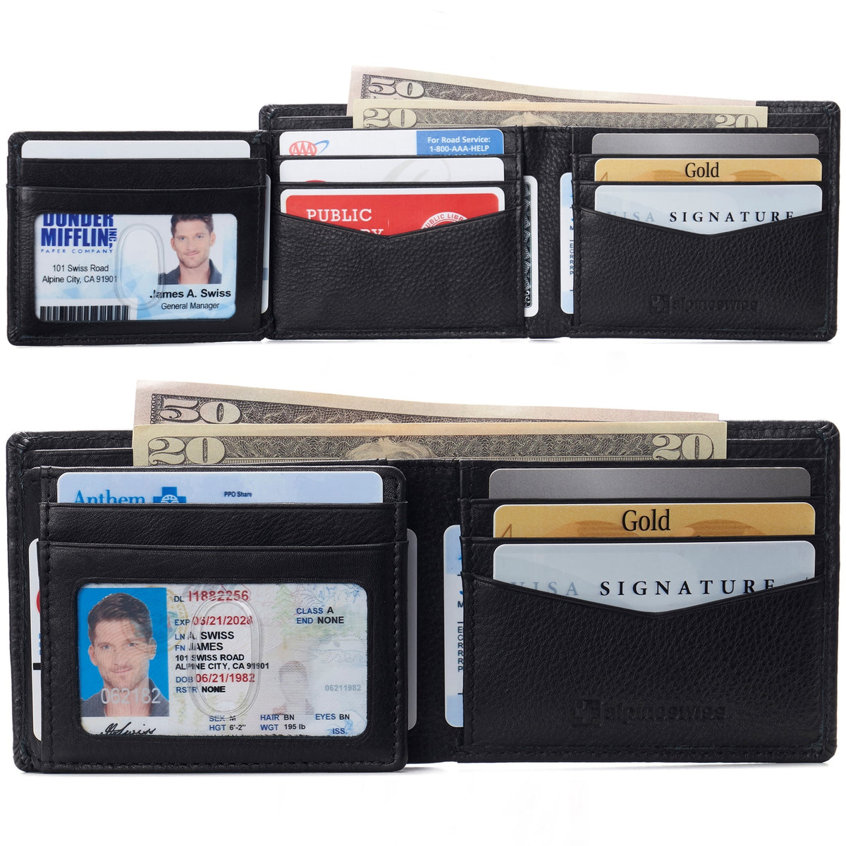 Alpine Swiss Mens Wallet for Men RFID Protected Leather Mens Wallet Spencer Bifold – Black