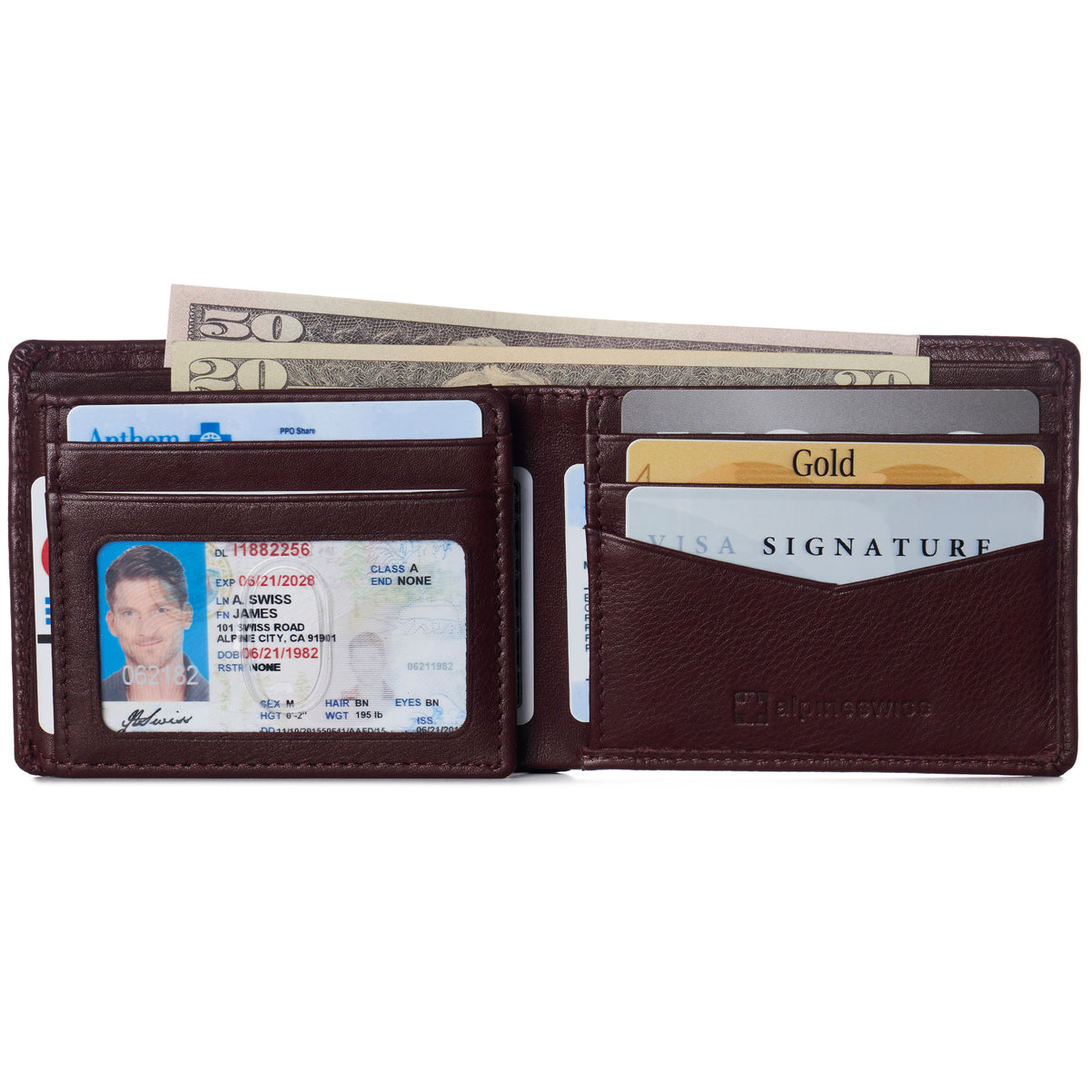 Alpine Swiss Mens Wallet for Men RFID Protected Leather Mens Wallet Spencer Bifold – Burgundy