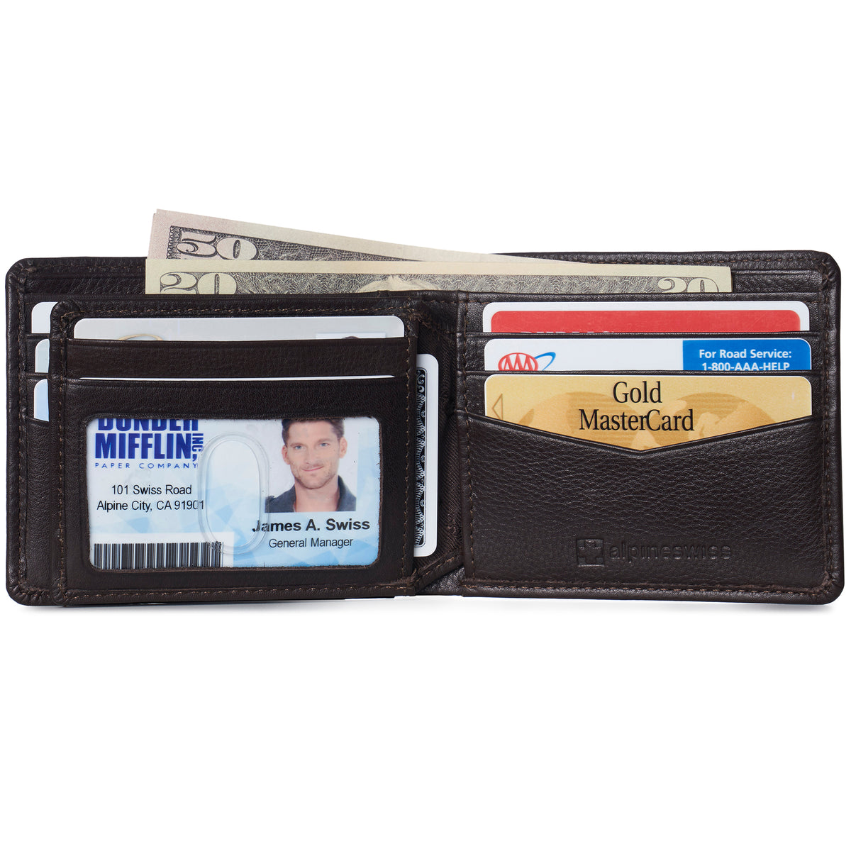 Alpine Swiss Wallet for Men Nolan Commuter Bifold Dual ID Windows for License Work – Brown