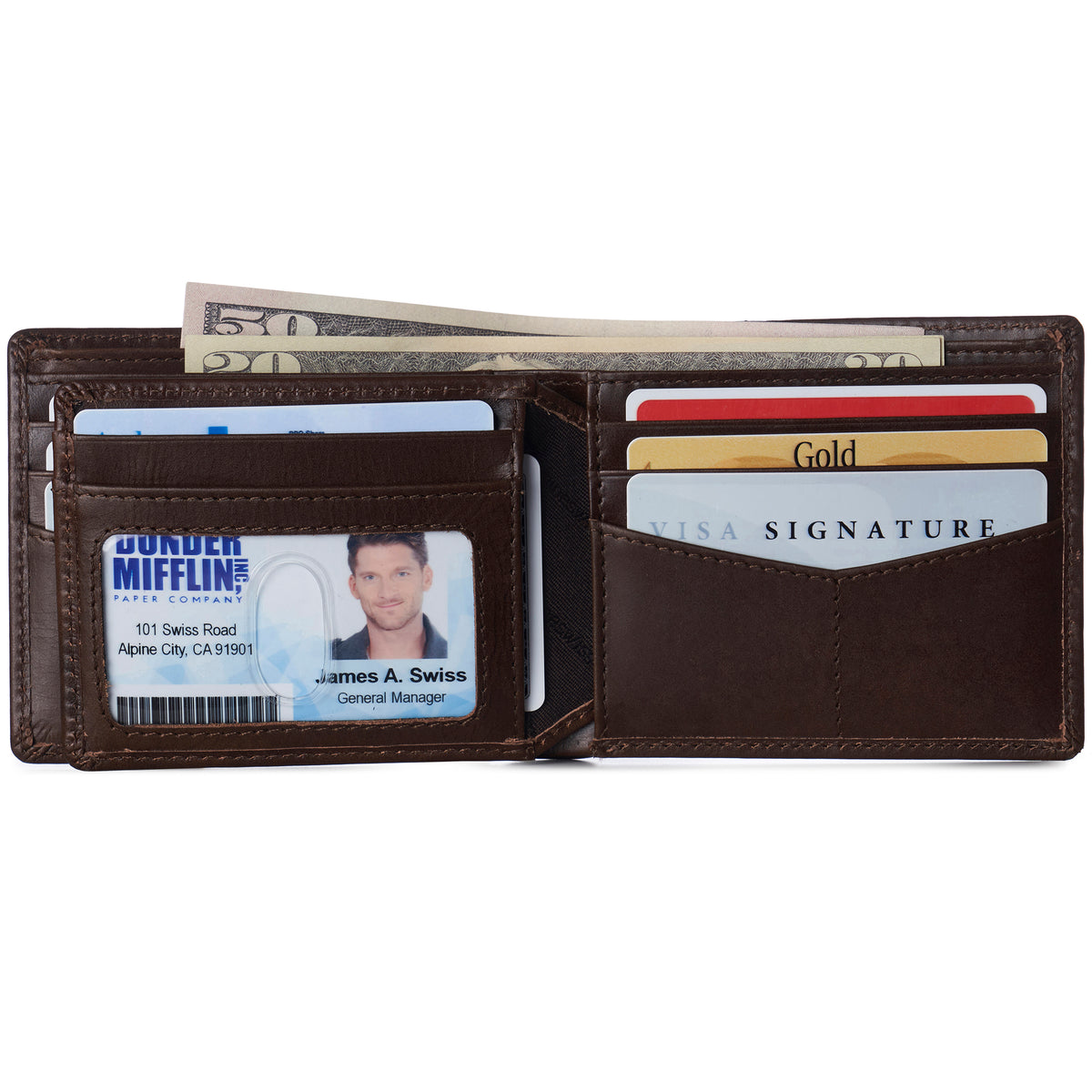 Alpine Swiss Wallet for Men Nolan Commuter Bifold Dual ID Windows for License Work – Glossy Nappa Brown