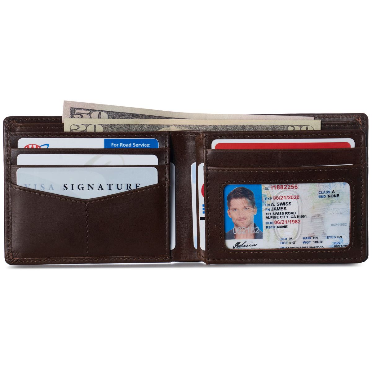 Alpine Swiss Wallet for Men Nolan Commuter Bifold Dual ID Windows for License Work – Glossy Nappa Brown