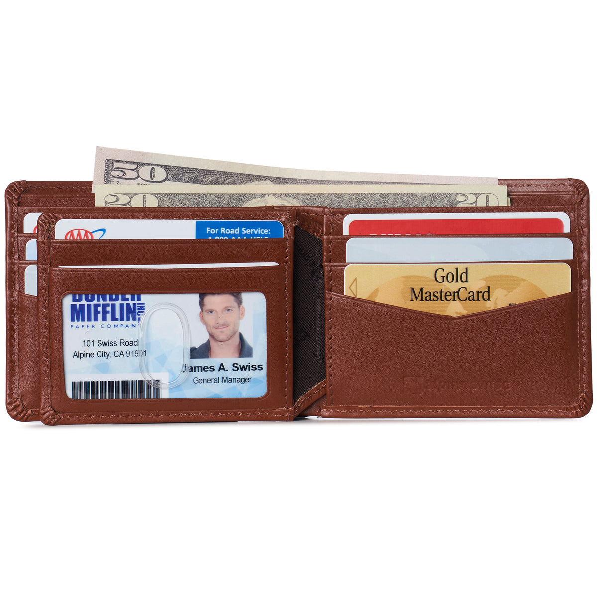Alpine Swiss Wallet for Men Nolan Commuter Bifold Dual ID Windows for License Work – Smooth Finish Tan