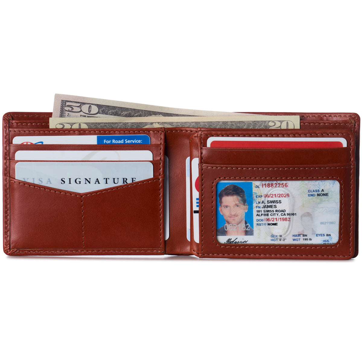 Alpine Swiss Wallet for Men Nolan Commuter Bifold Dual ID Windows for License Work – Glossy Nappa Tan