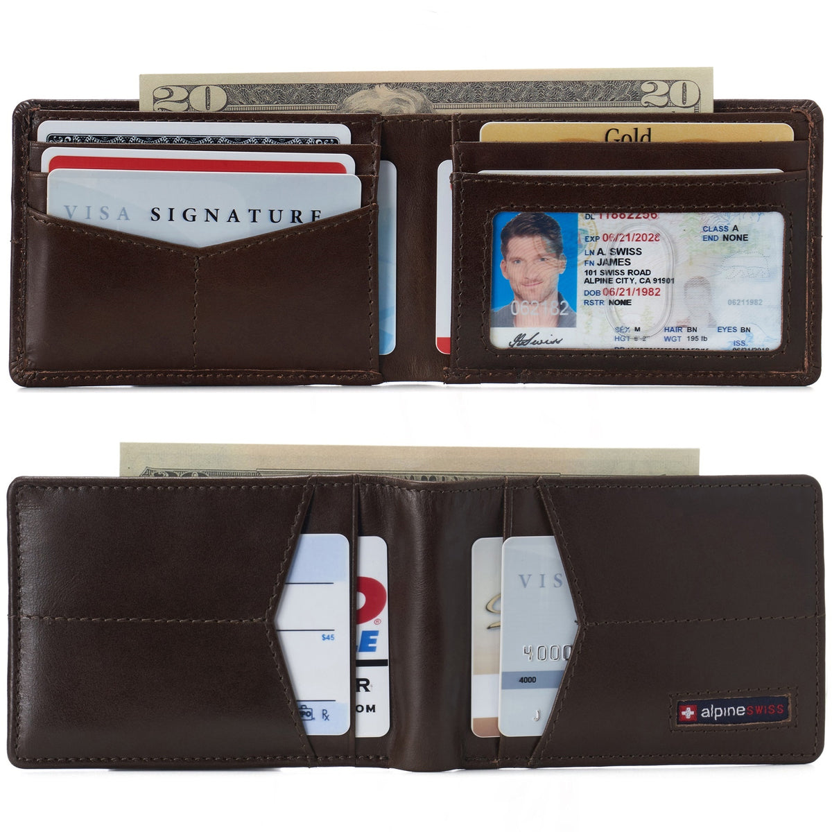 Alpine Swiss Delaney Slim Bifold Wallet – Glossy Nappa Brown