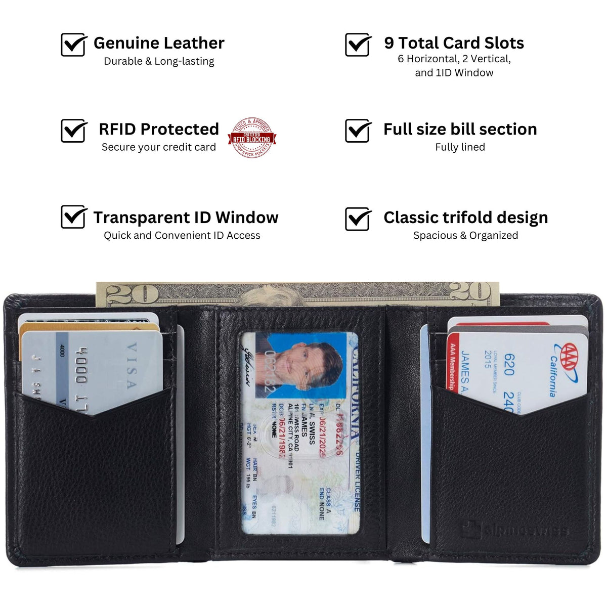 Alpine Swiss Men's Leon RFID Trifold Pocket Wallet – Black
