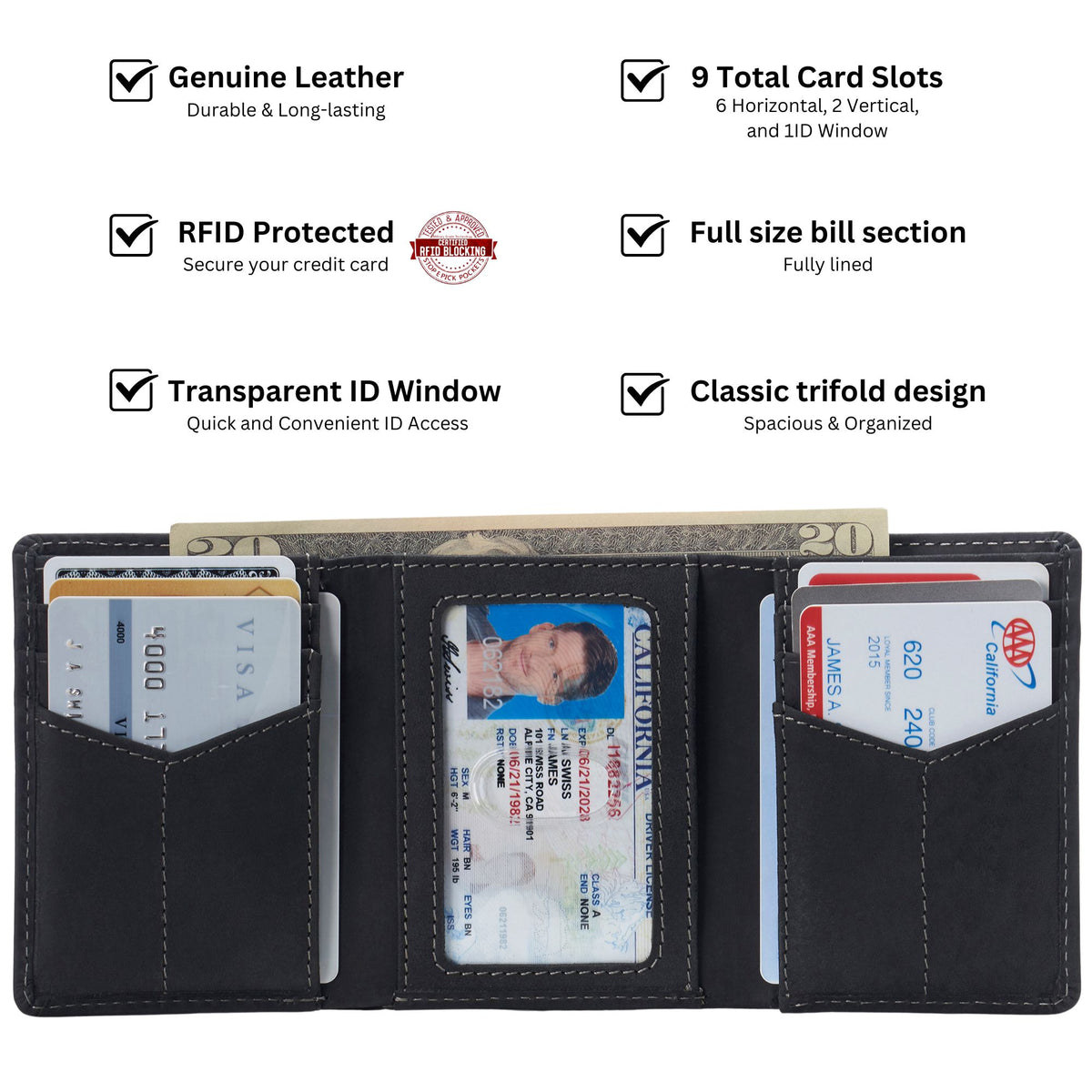 Alpine Swiss Men's Leon RFID Trifold Pocket Wallet – Nubuck Black