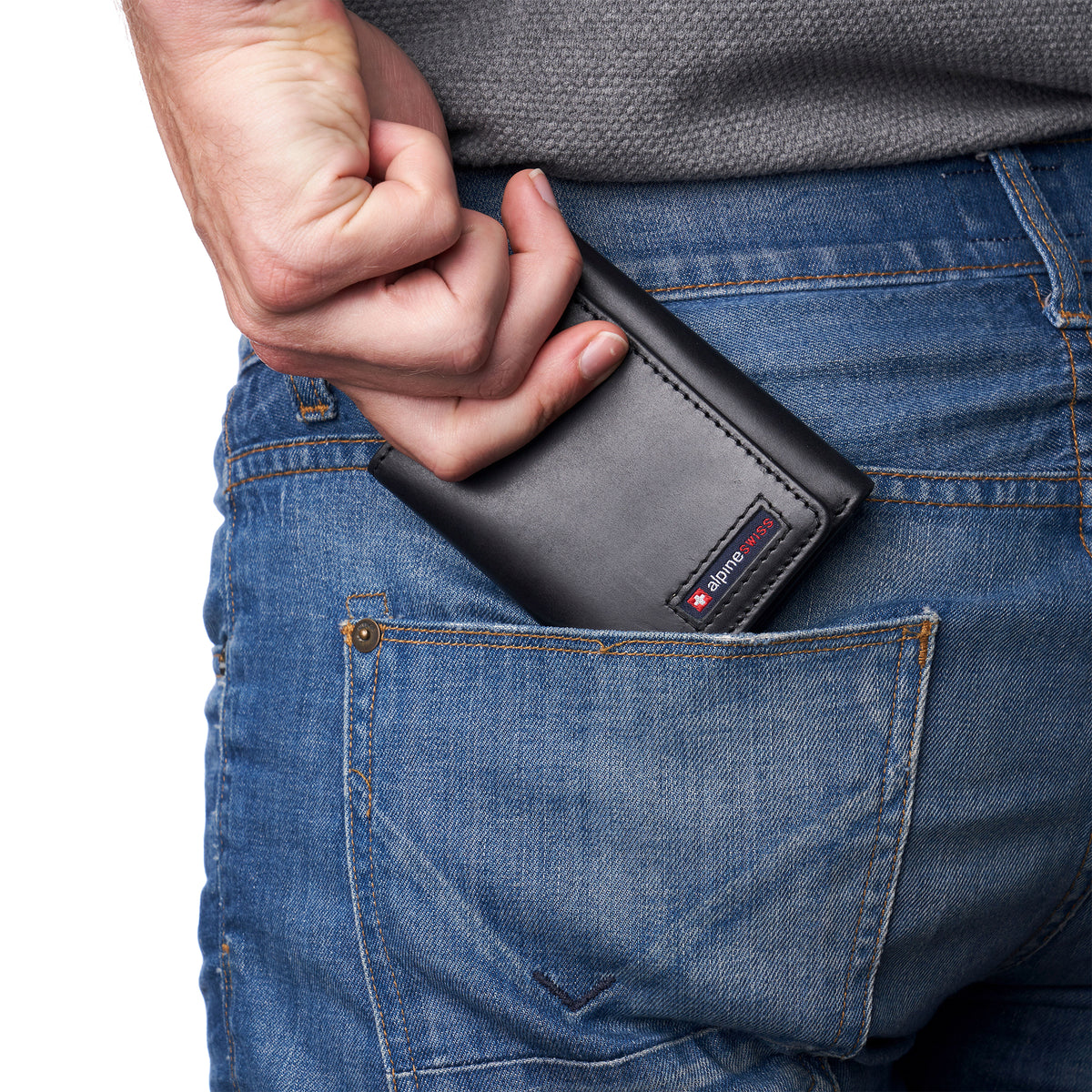 Alpine Swiss Men's Leon RFID Trifold Pocket Wallet – Glossy Nappa Black